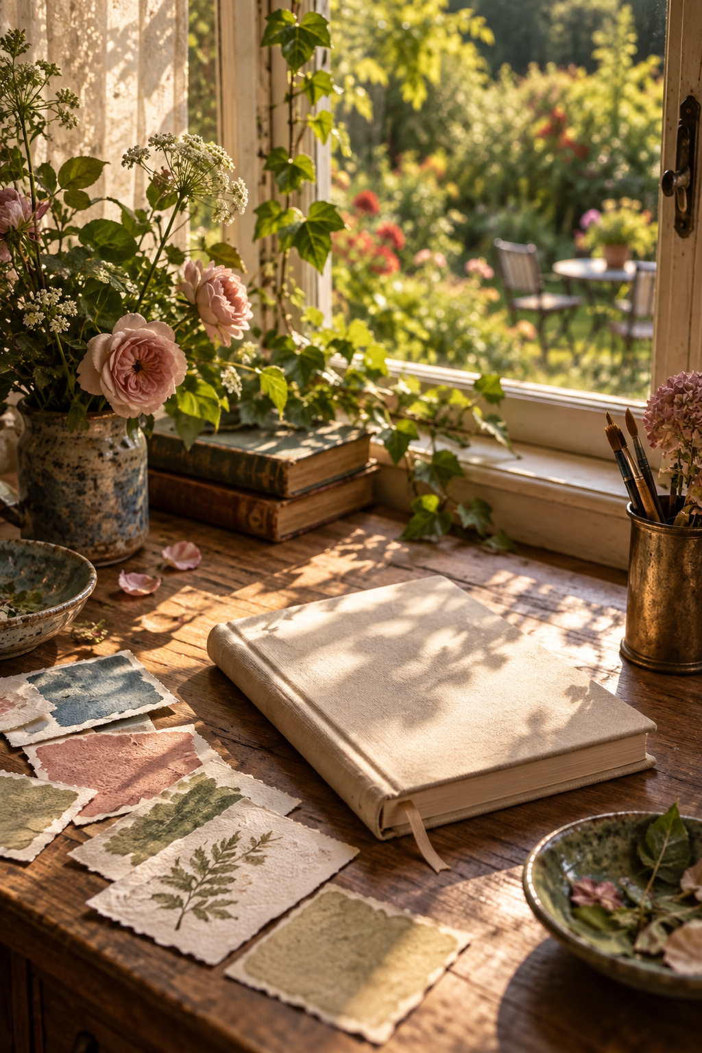A peaceful color-planning corner with tactile swatches beside a closed journal