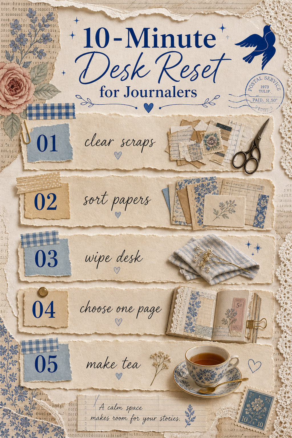 A scrapbook-style infographic titled 10-Minute Desk Reset for Journalers with five steps: clear scraps, sort papers, wipe desk, choose one page, make tea