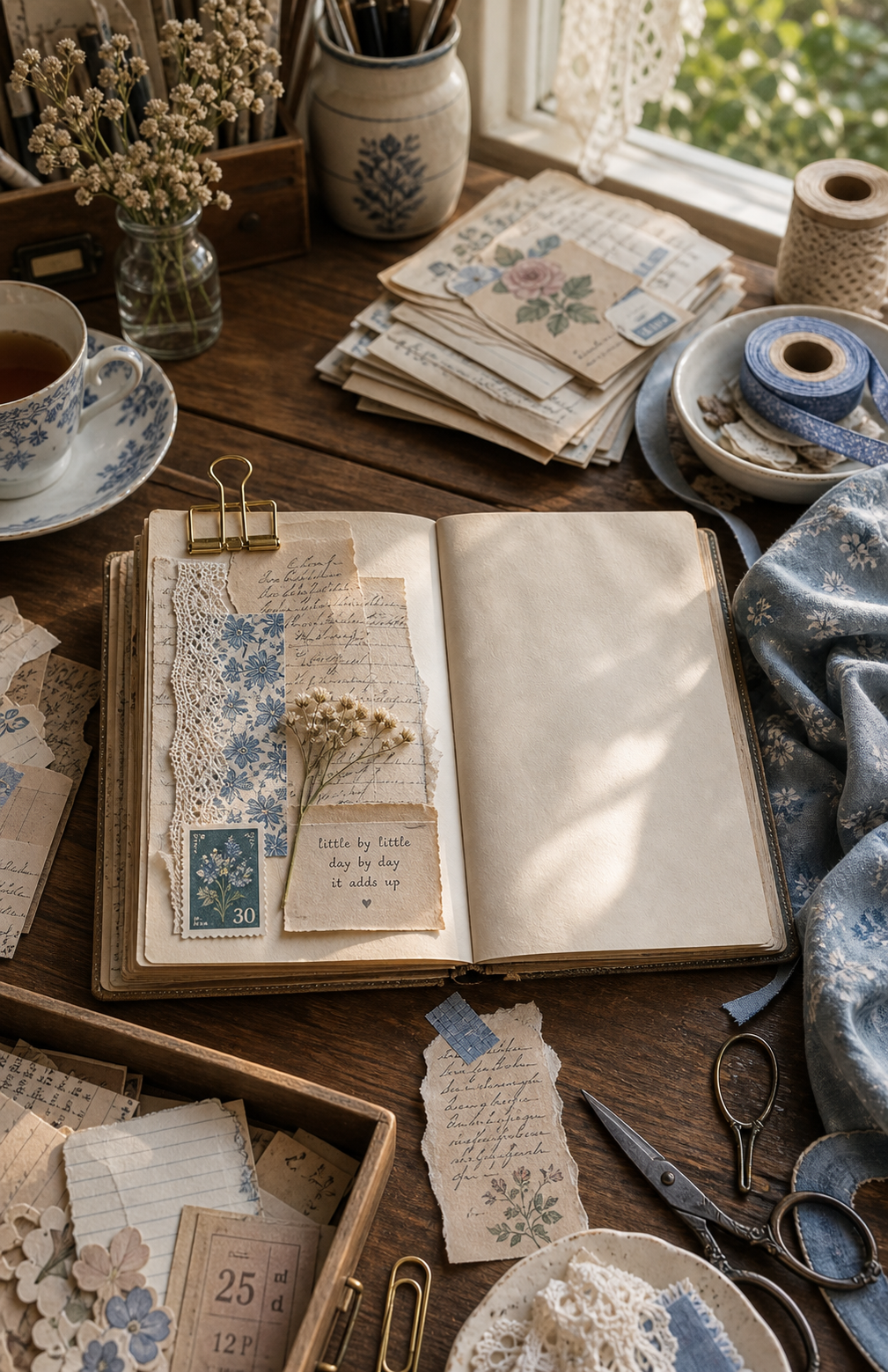 A calm cleaned journaling desk with an open page, sorted scraps, lace, blue ribbon, scissors, and tea near a window