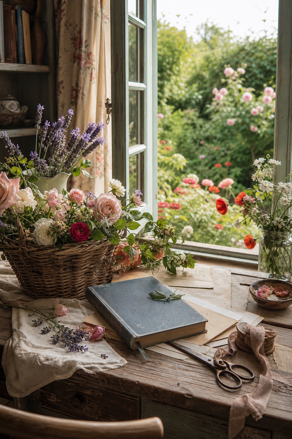Sunny floral journaling room with roses, lavender, poppies, paper, and a blue journal