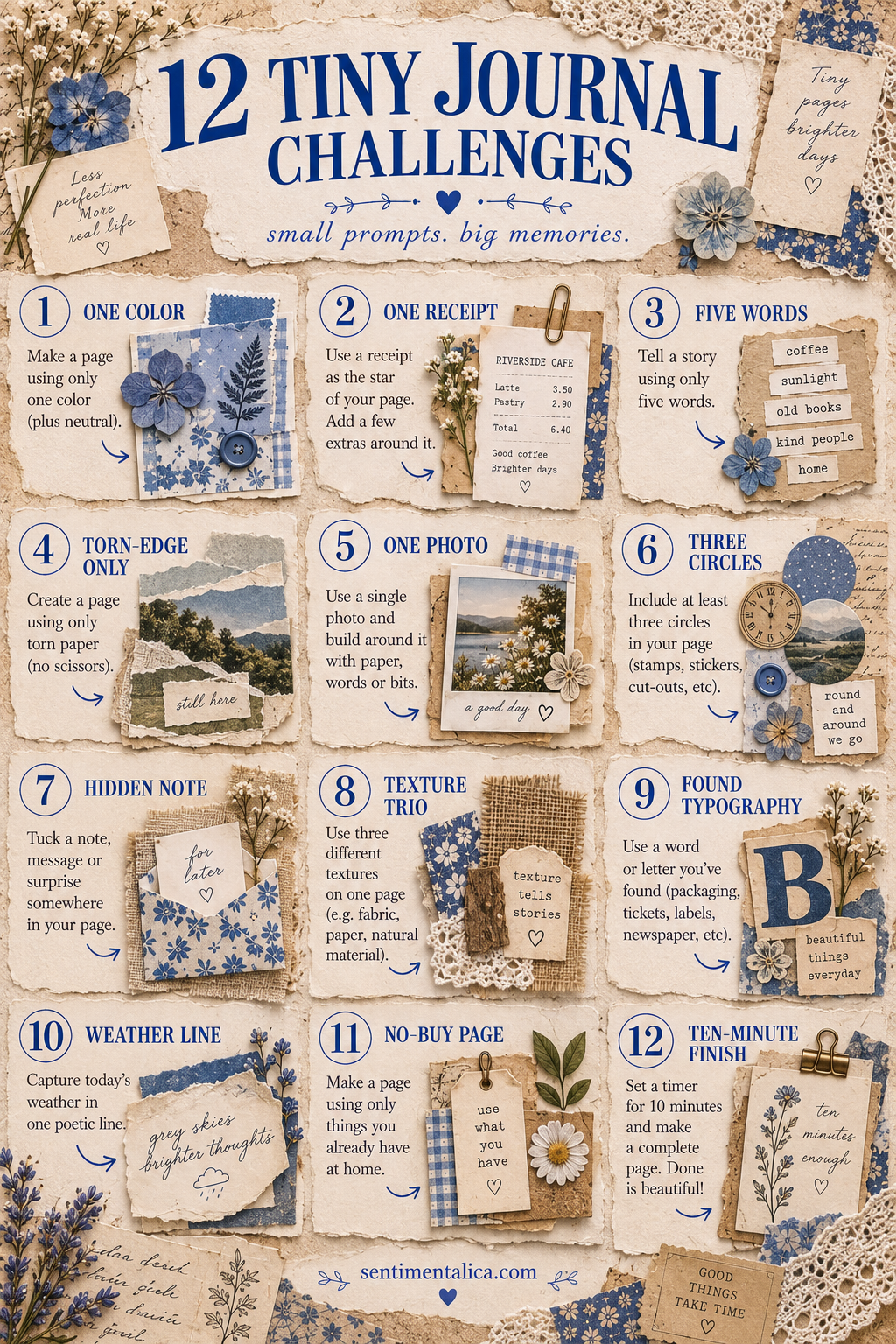 Infographic with twelve tiny journal challenges