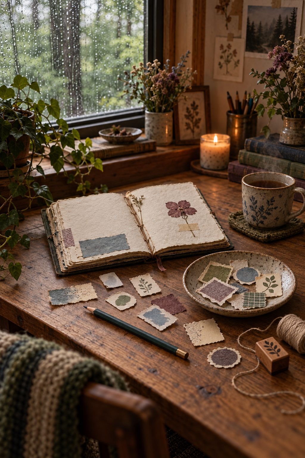 A cozy rainy-day desk prepared with tiny paper prompts and an open journal