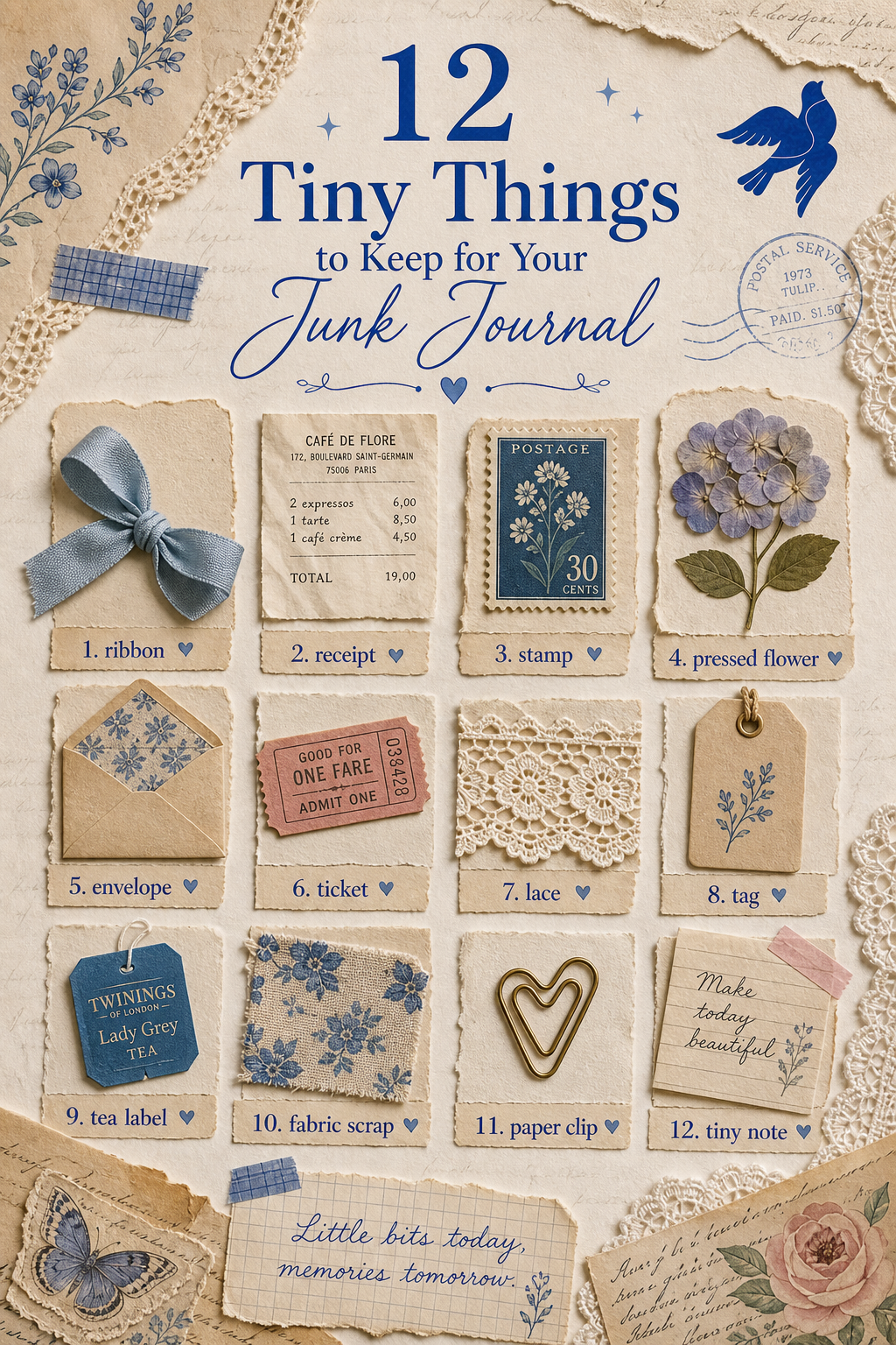 A Sentimentalica blue scrapbook-style infographic titled 12 Tiny Things to Keep for Your Junk Journal, with a grid of ribbons, receipts, stamps, flowers, lace, tags, and notes