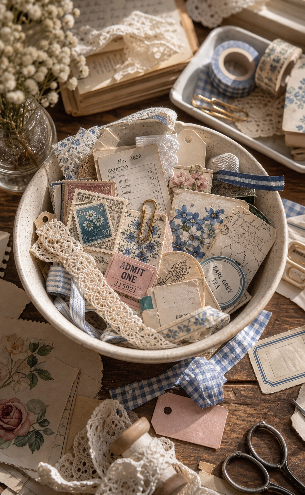 A ceramic bowl filled with tiny junk journal keepsakes: lace, stamps, receipt pieces, tea labels, tags, ribbon, paper clips, and blue floral scraps
