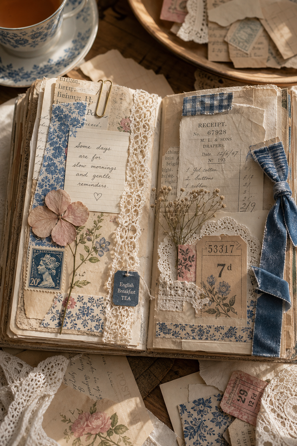 A finished blue-and-cream junk journal spread made with lace, ribbon, receipts, pressed flowers, stamps, a tea label, and tiny notes