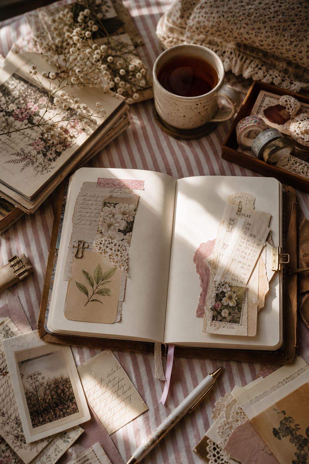 A cozy creative reset desk with an open journal, tea, lace, ribbons, and layered paper scraps