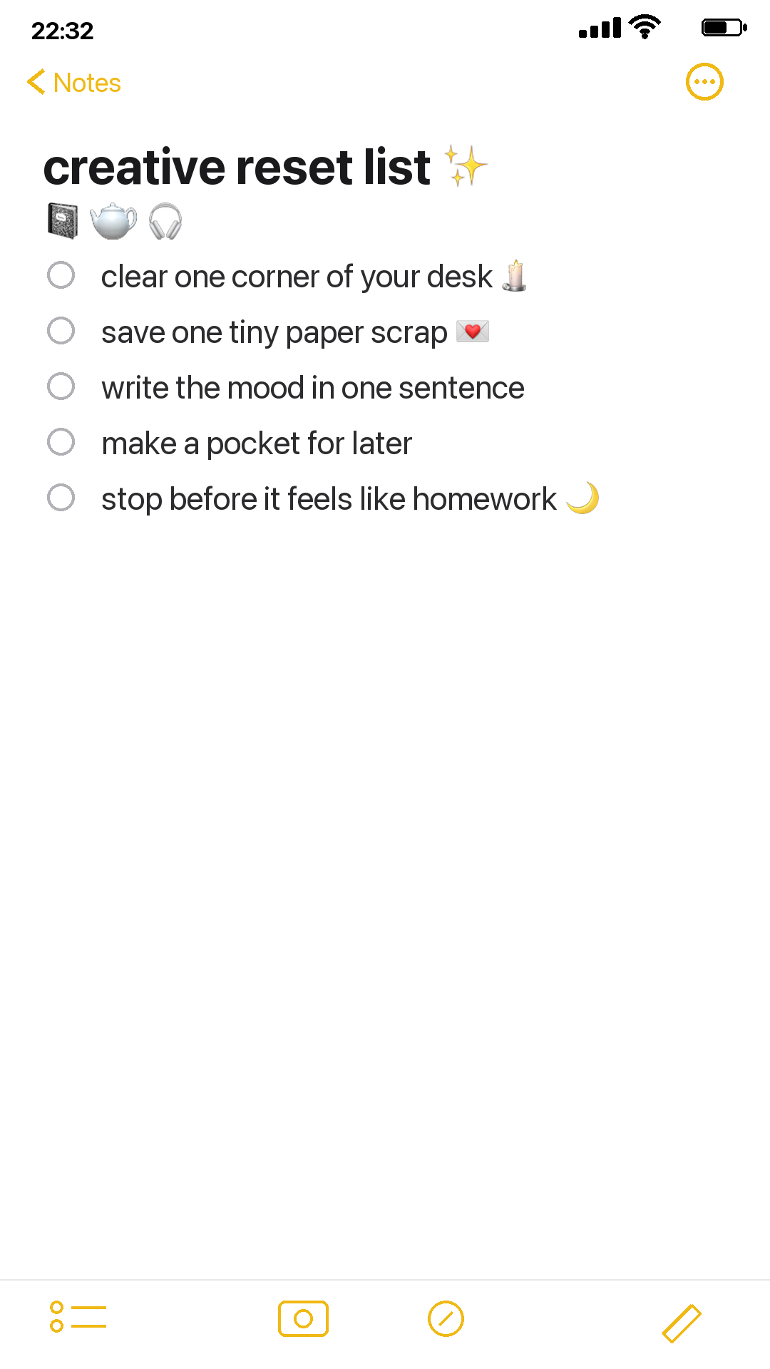 An iPhone Notes style creative reset checklist with emoji at the ends of the lines
