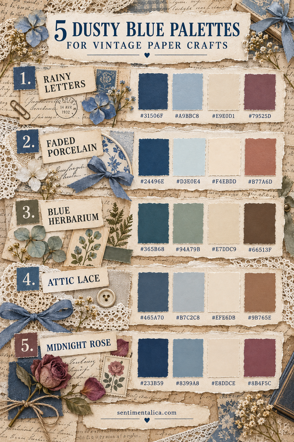 Five dusty blue color palettes with names and hex values