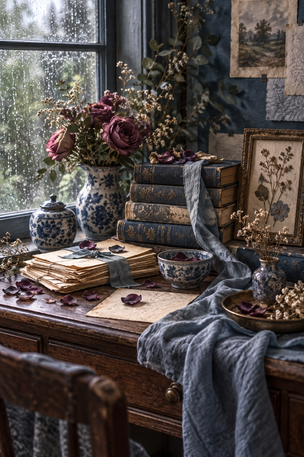 A rain-lit vintage paper studio in navy, mist blue, parchment and plum