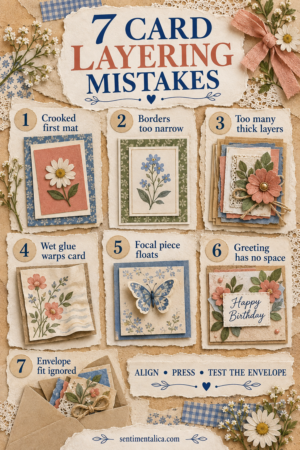 Seven card layering mistakes with visual examples
