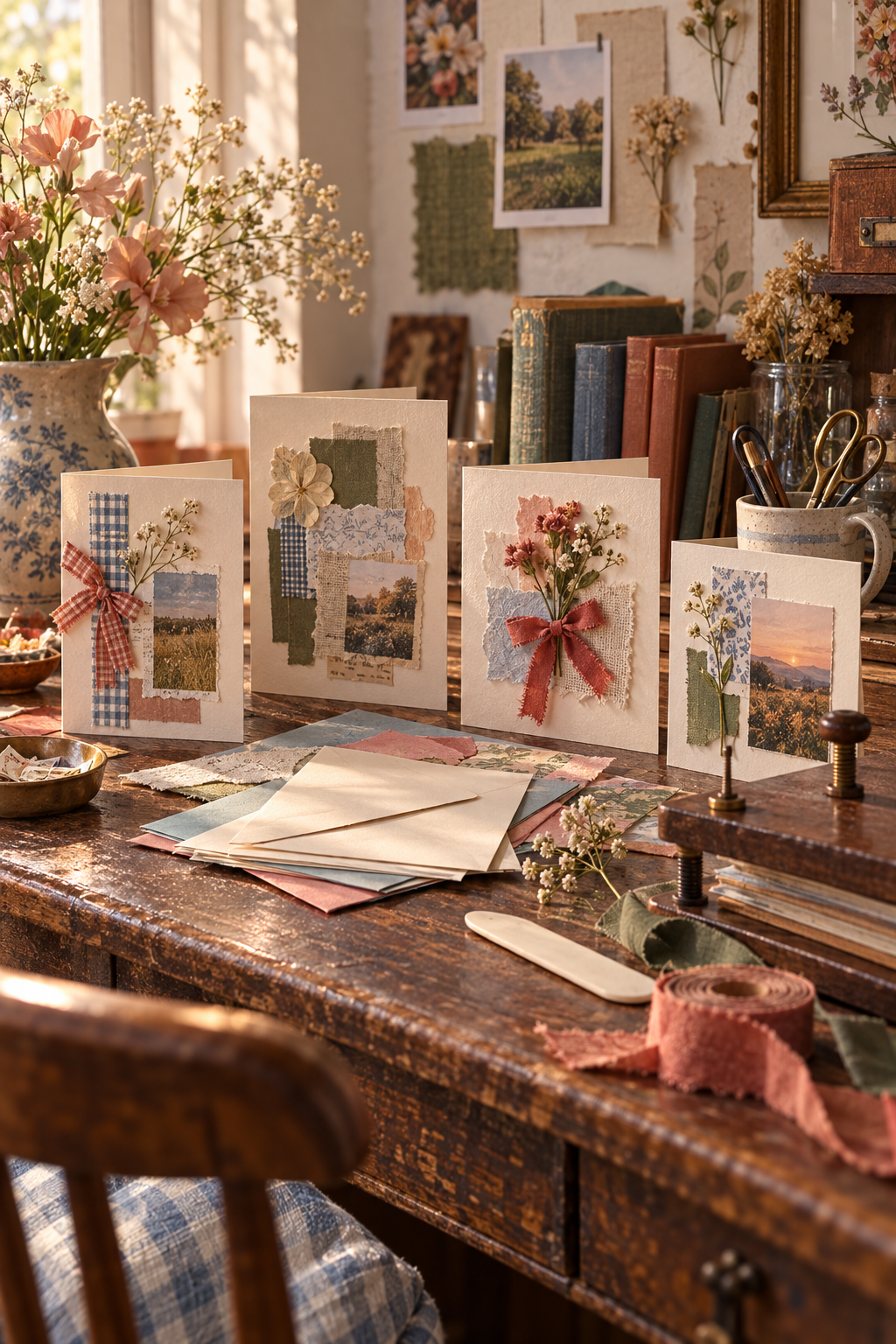 A warm card-making desk with layered handmade cards and envelopes