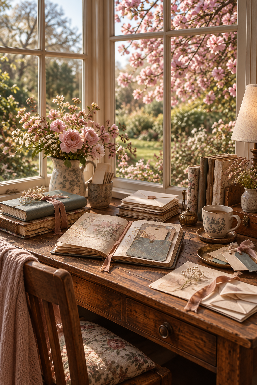 A romantic journal workspace with envelopes, tags and handmade pockets