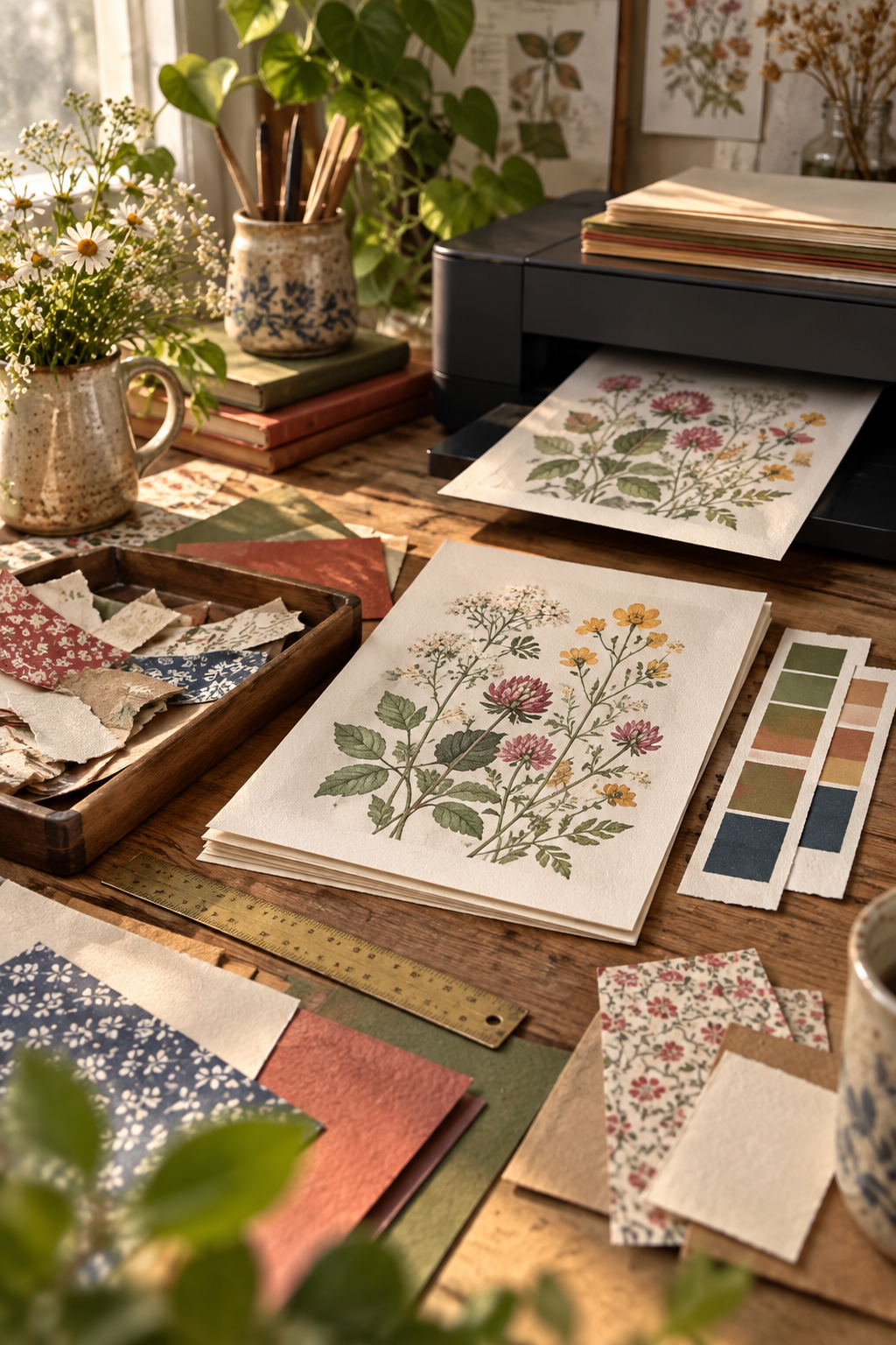 A cozy printing corner with botanical sheets, test strips and saved offcuts