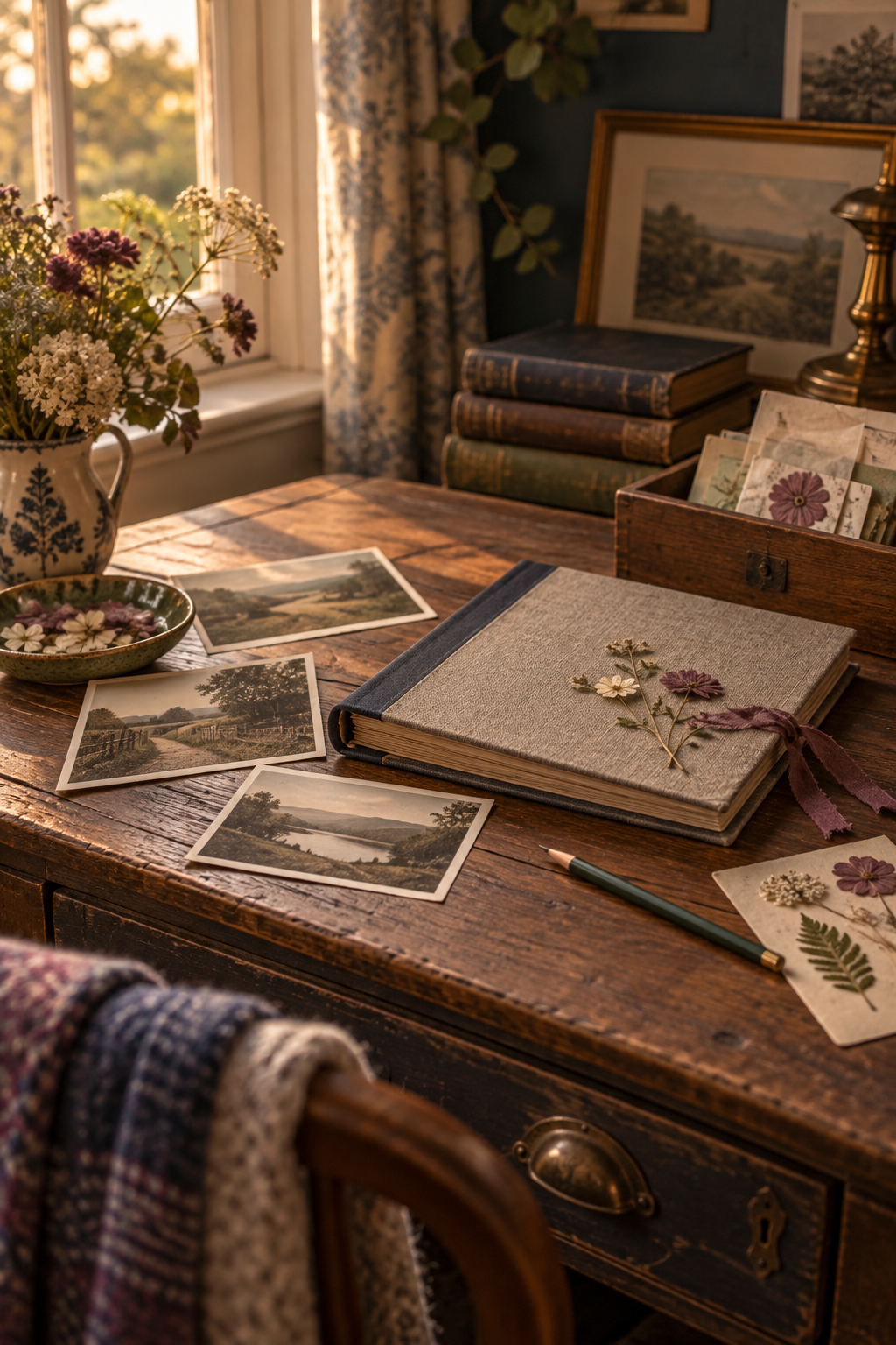 A quiet memory-keeping desk with photographs and a linen scrapbook