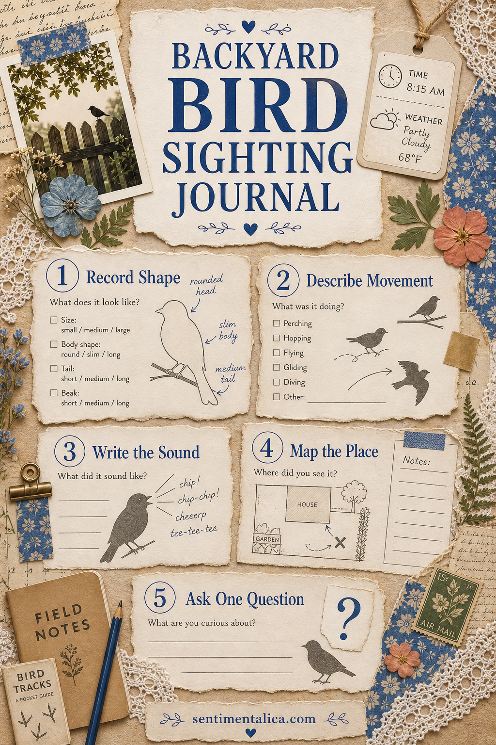 Beginner bird-sighting journal guide using shape, movement, sound, place, and one question