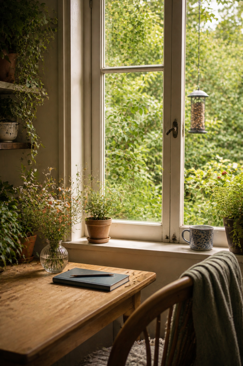 Quiet backyard window with feeder, field guide, and morning birdwatching atmosphere