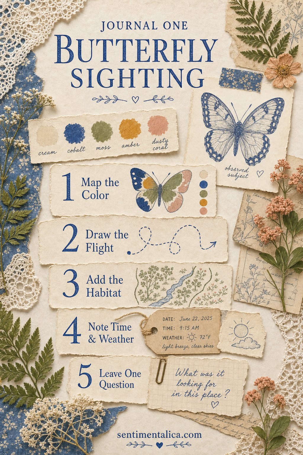 Butterfly sighting journal guide using color, flight, habitat, time, and one question