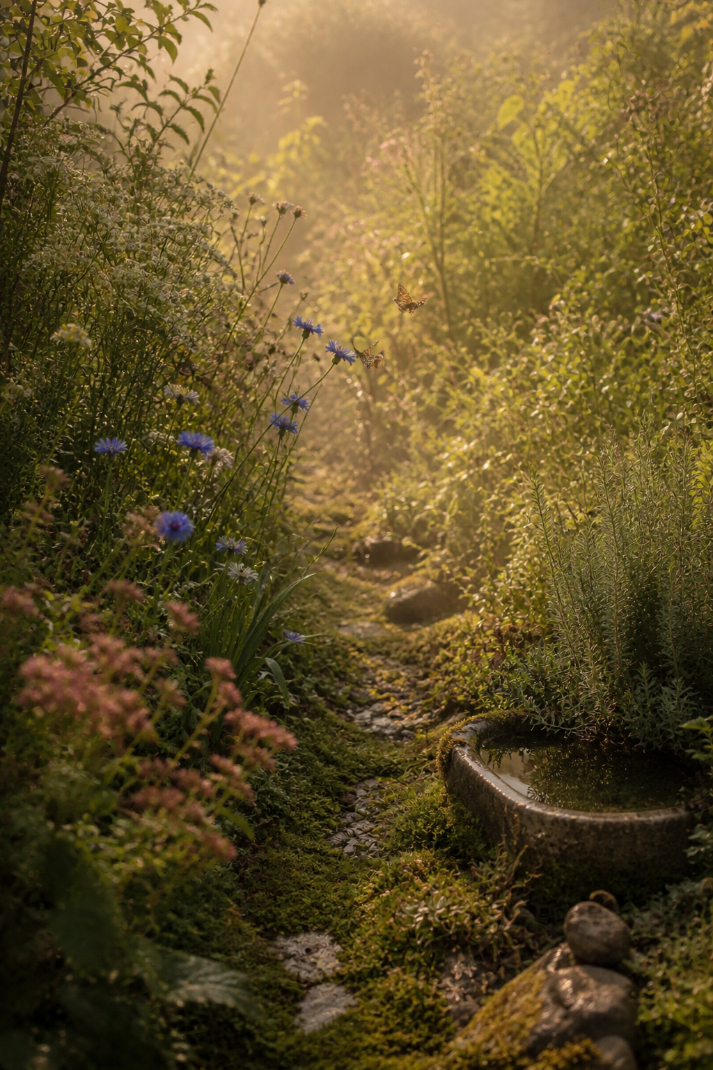 Quiet late-summer garden atmosphere with one distant butterfly