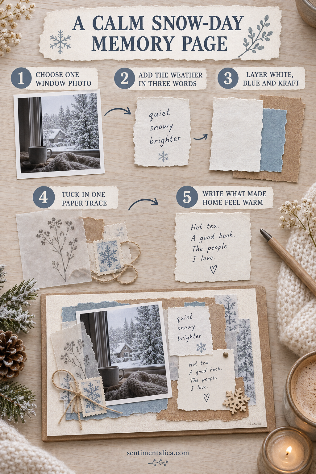 Step-by-step guide for a calm snow-day memory page in five steps