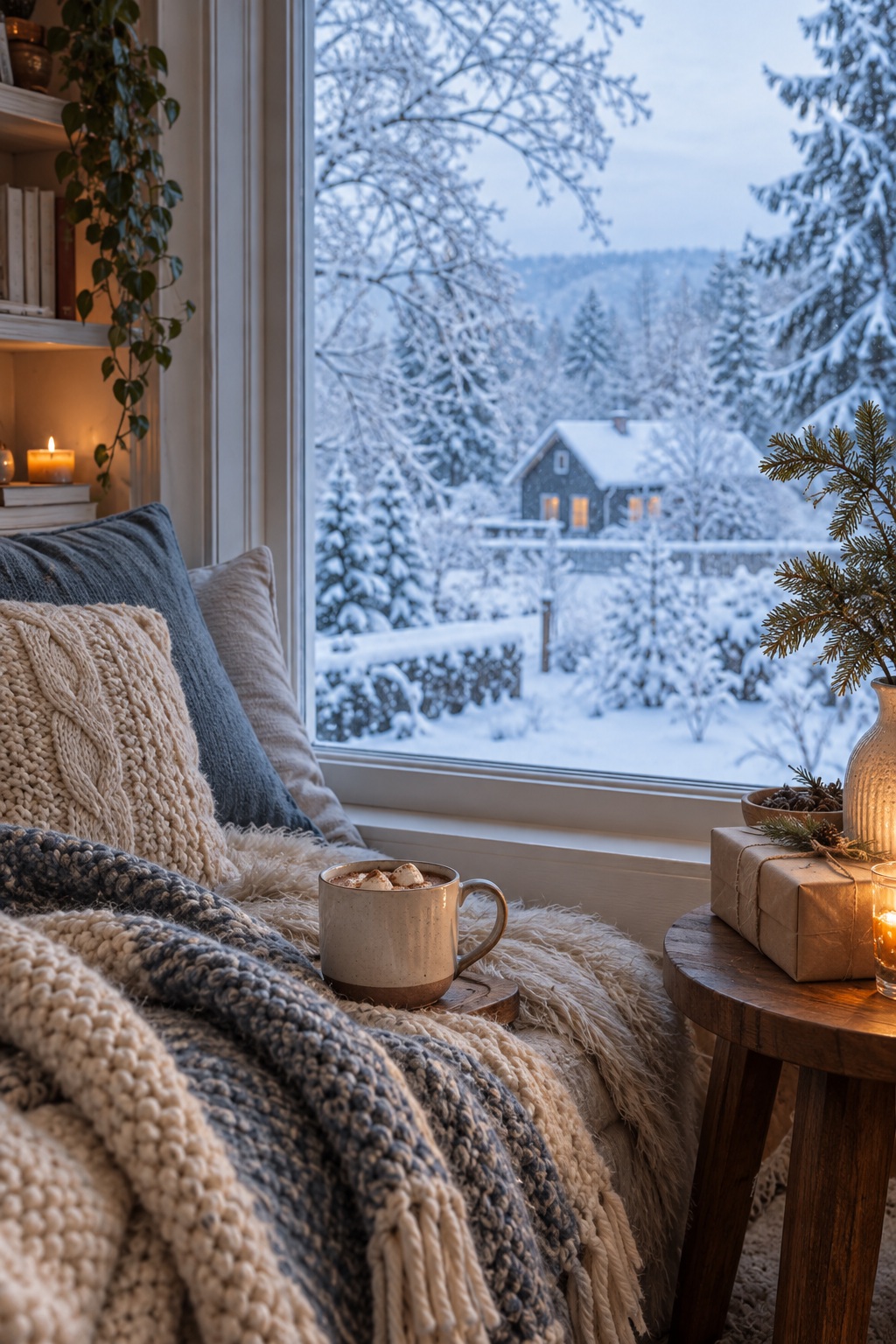 Snowy window seat with a warm drink, folded blanket, and soft daylight for a quiet day at home.