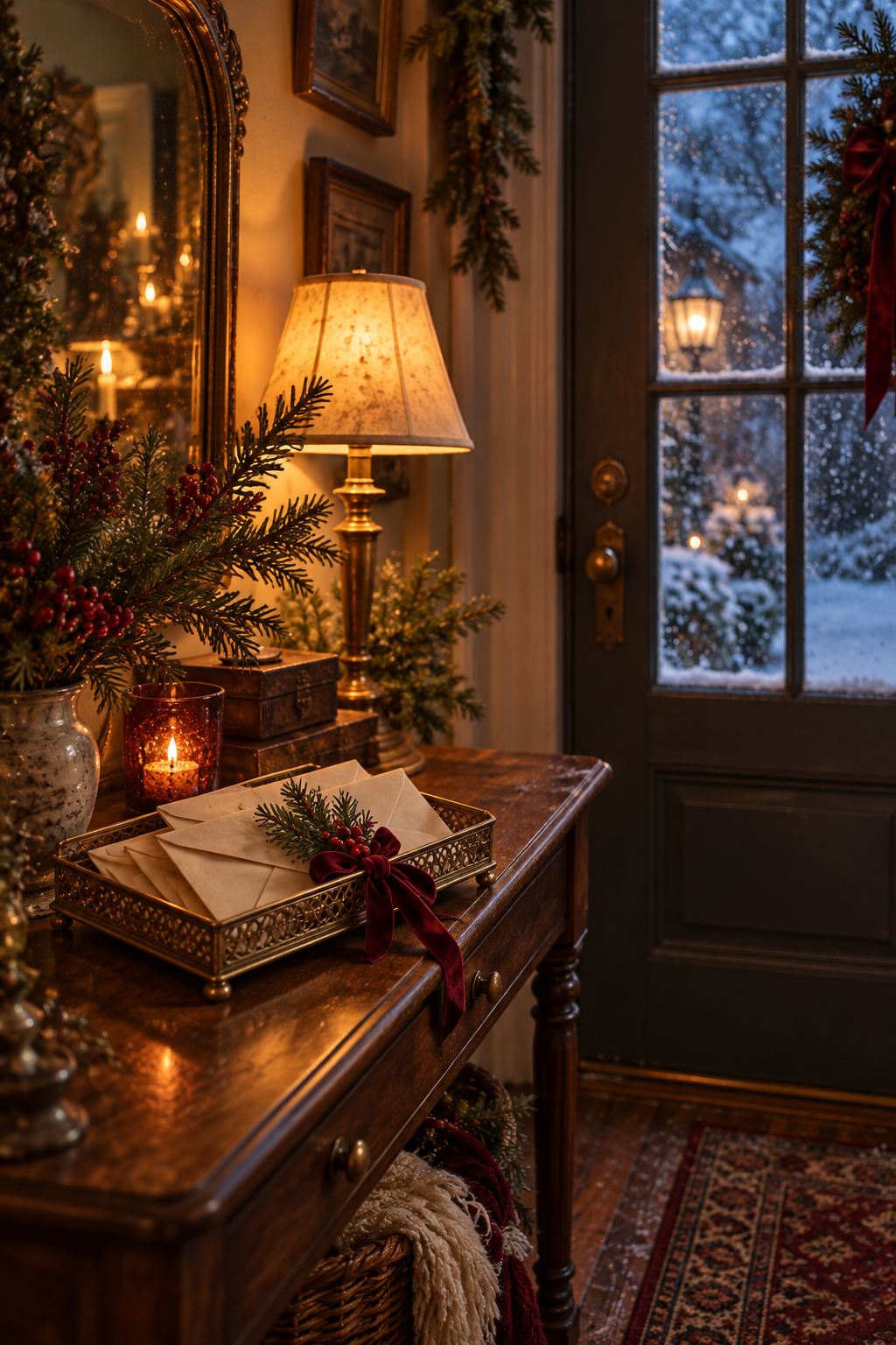 Christmas entryway with a small envelope tray, warm lamplight, and a winter view beside the front door