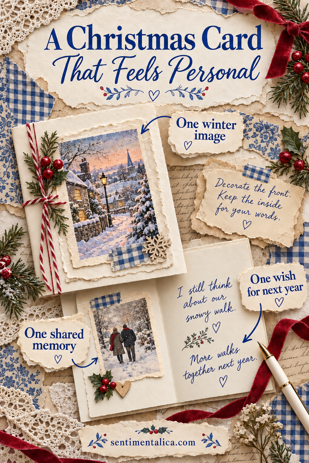 Christmas card guide showing one image, a shared memory, and a handwritten wish
