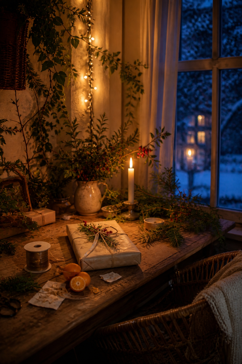 Quiet romantic Christmas room at blue hour with paper, ribbon, greenery, and warm lights