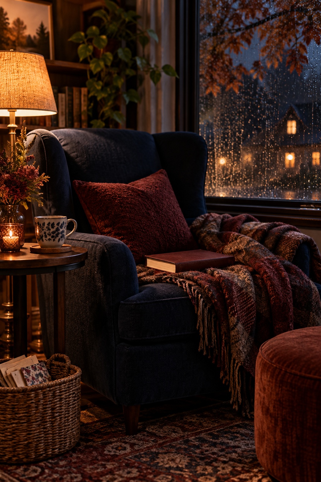 Rainy reading nook with a warm lamp, open book, tea, and a wool blanket beside the window.