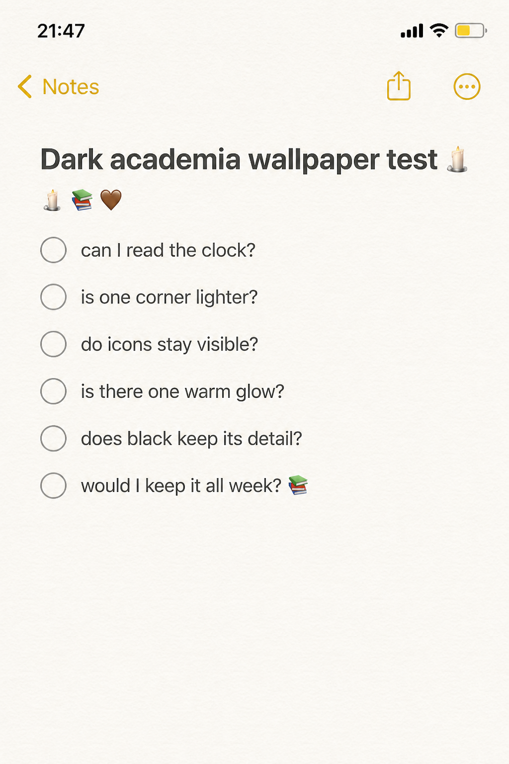 Cute iPhone Notes checklist for testing a dark academia wallpaper