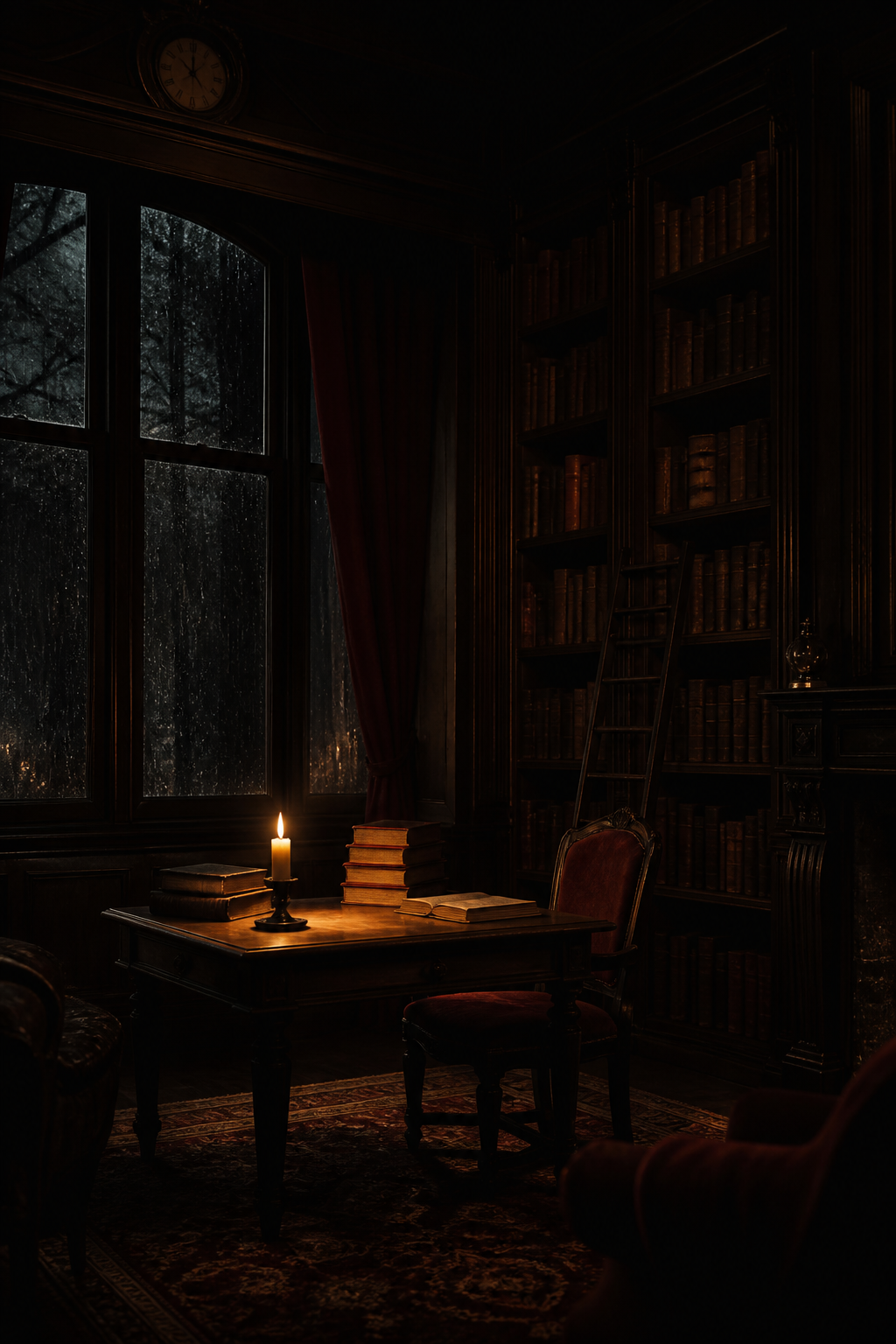 Candlelit dark academia reading room with rain at the window and a quiet desk