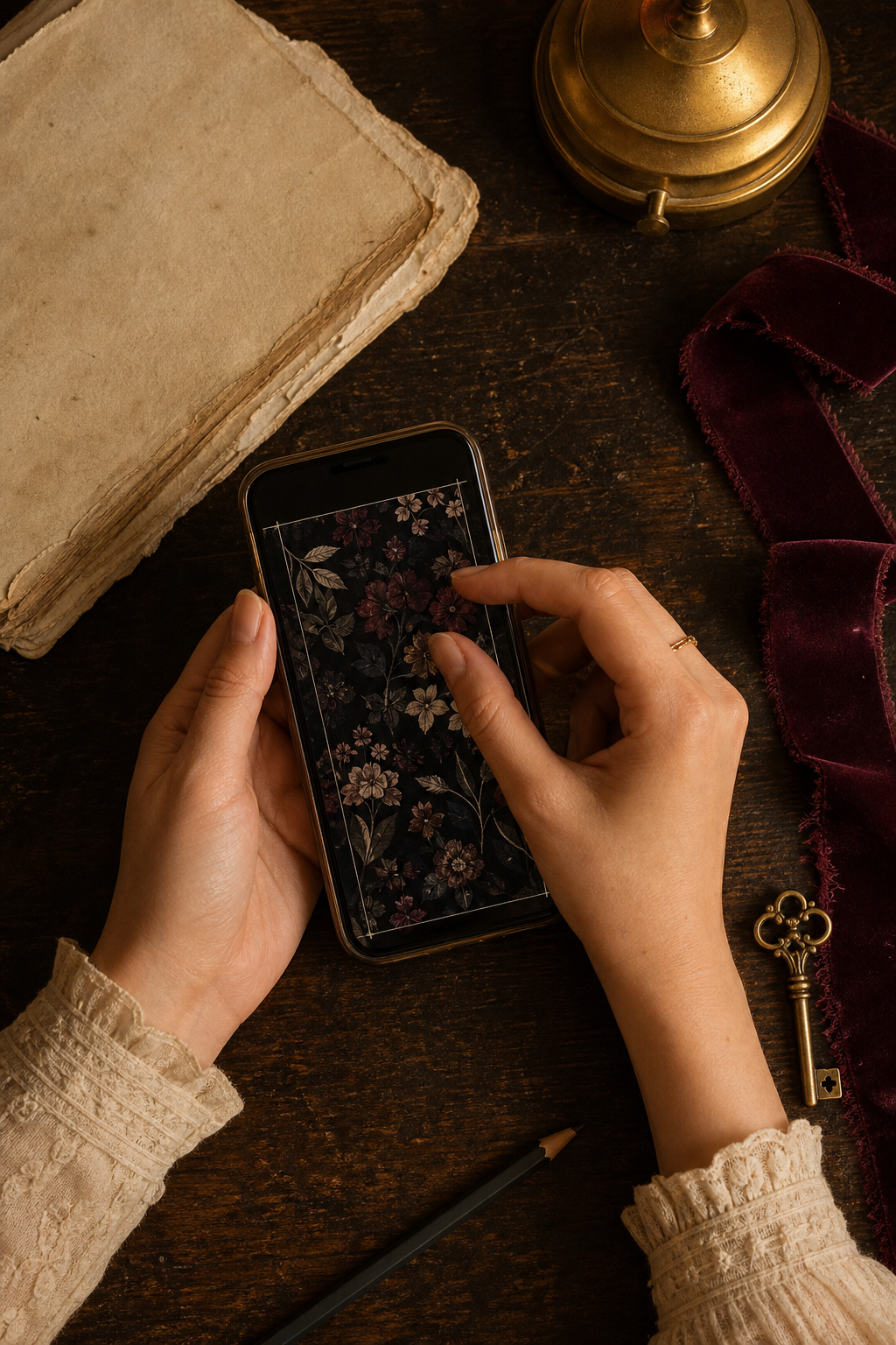 Hands adjusting a dark wallpaper crop beside old paper, velvet ribbon, and a brass key
