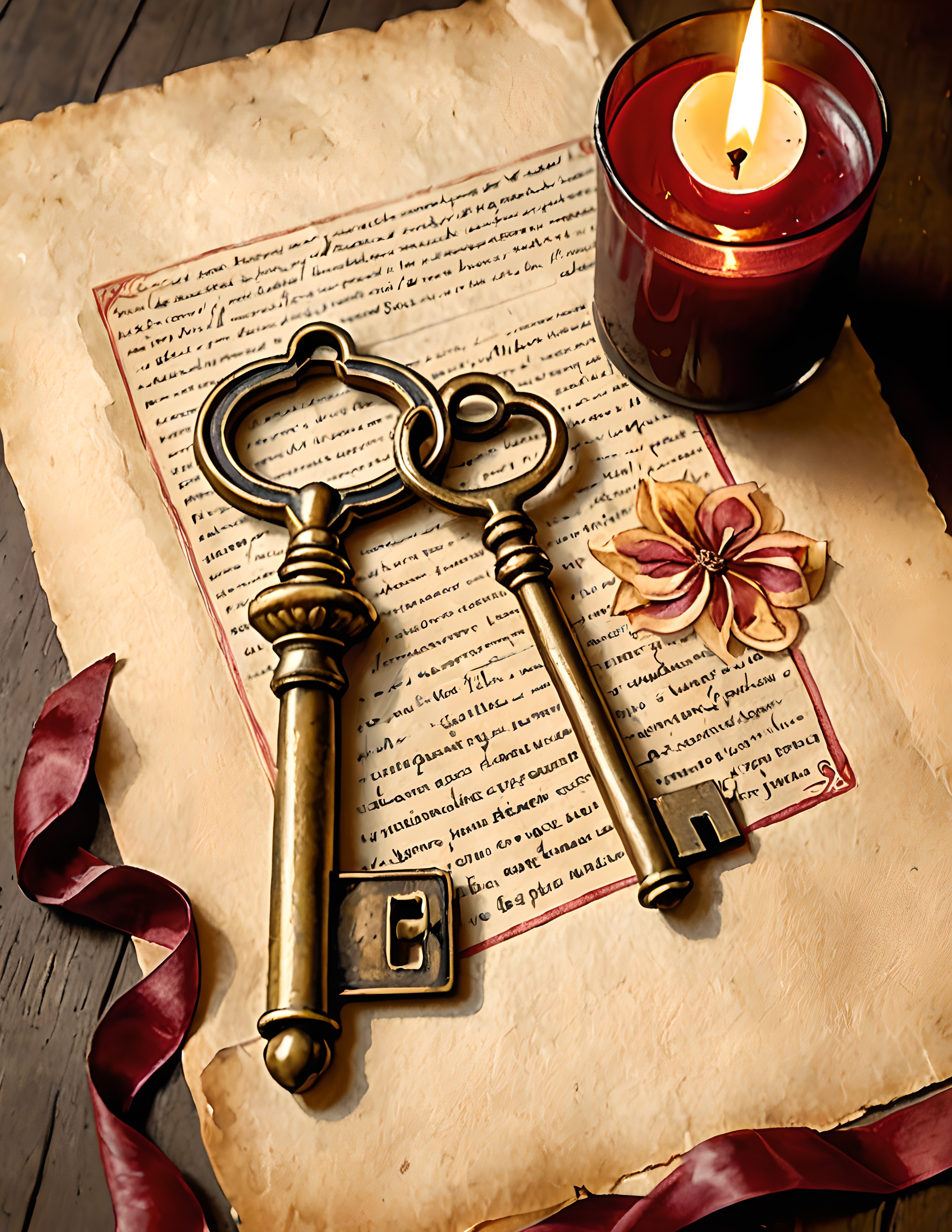 Real Book Nook page with antique keys, handwritten paper, and candlelight