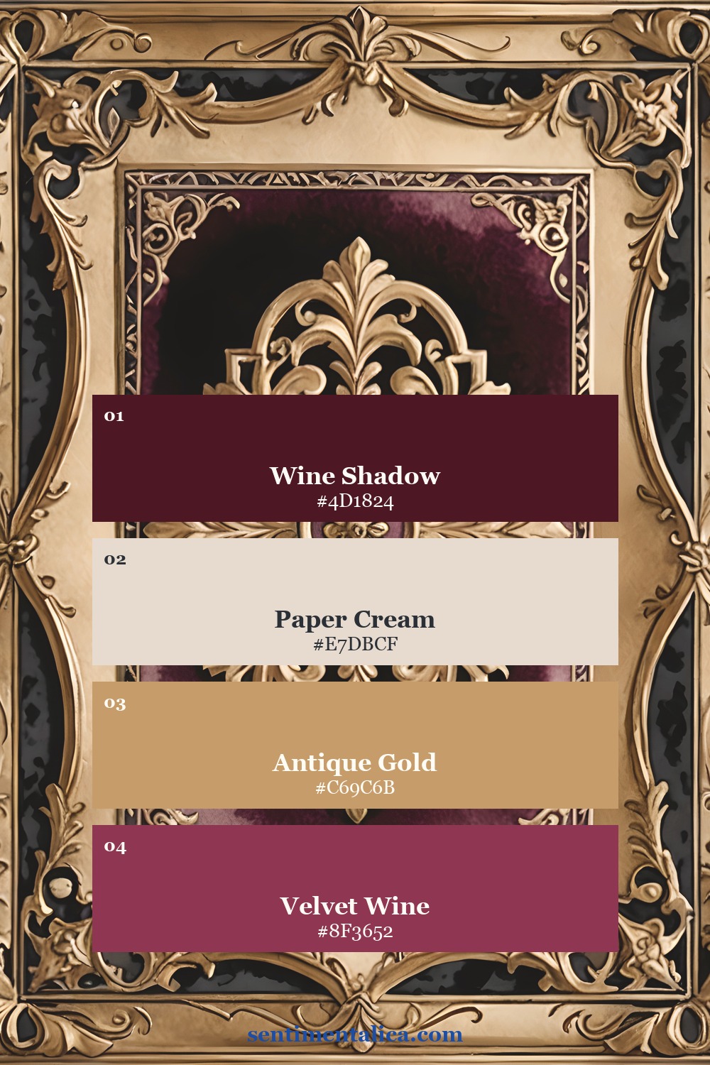 Burgundy archive palette sampled from a real Velvet Archive page