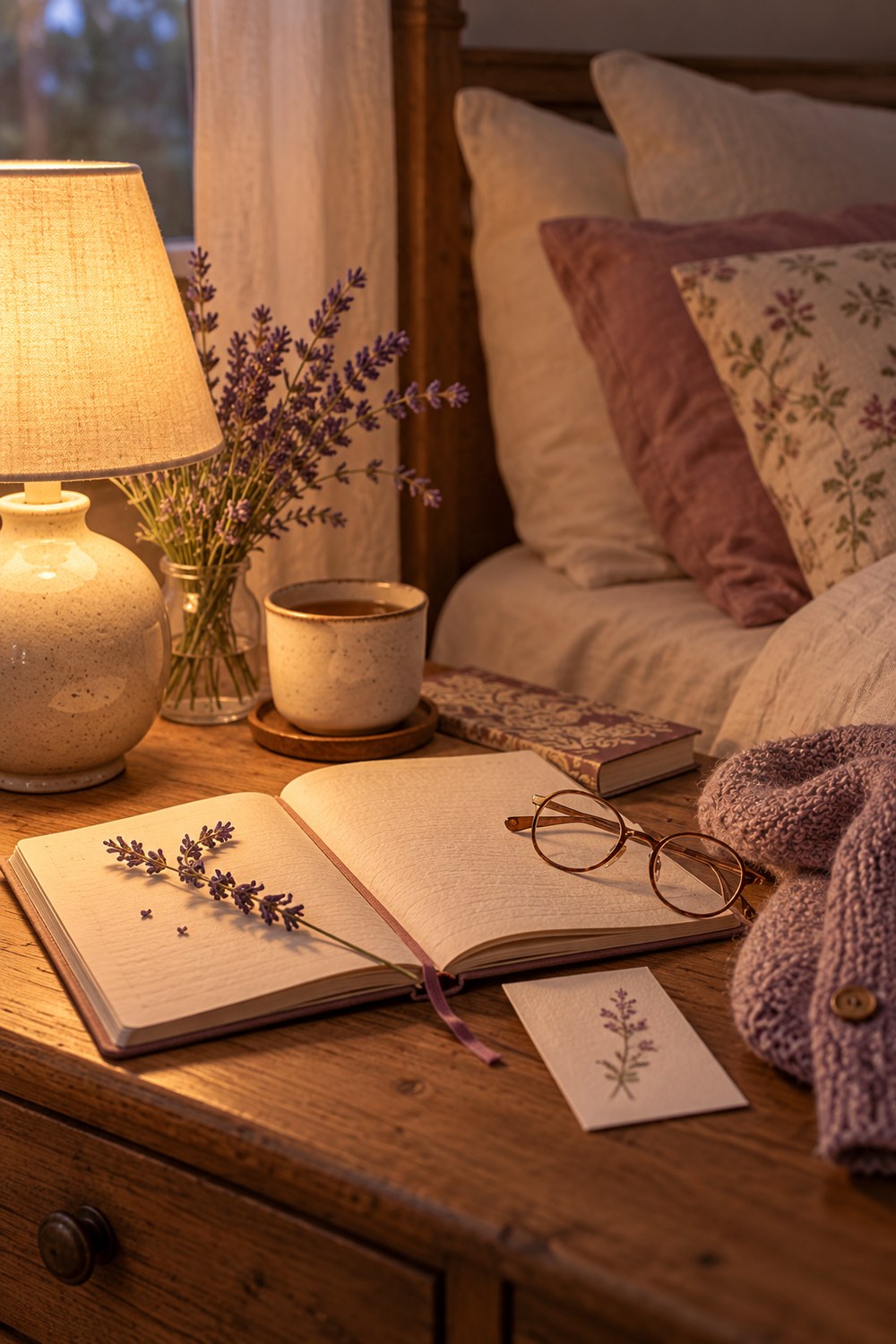 Atmospheric the bedside table in dusty lavender, cream, and warm wood