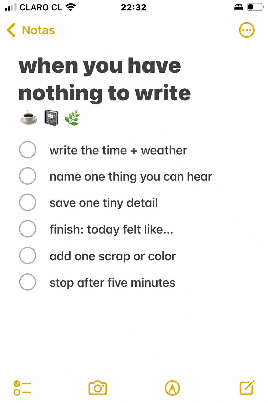 Authentic iPhone Notes checklist for a five-minute journaling routine when you have nothing to write