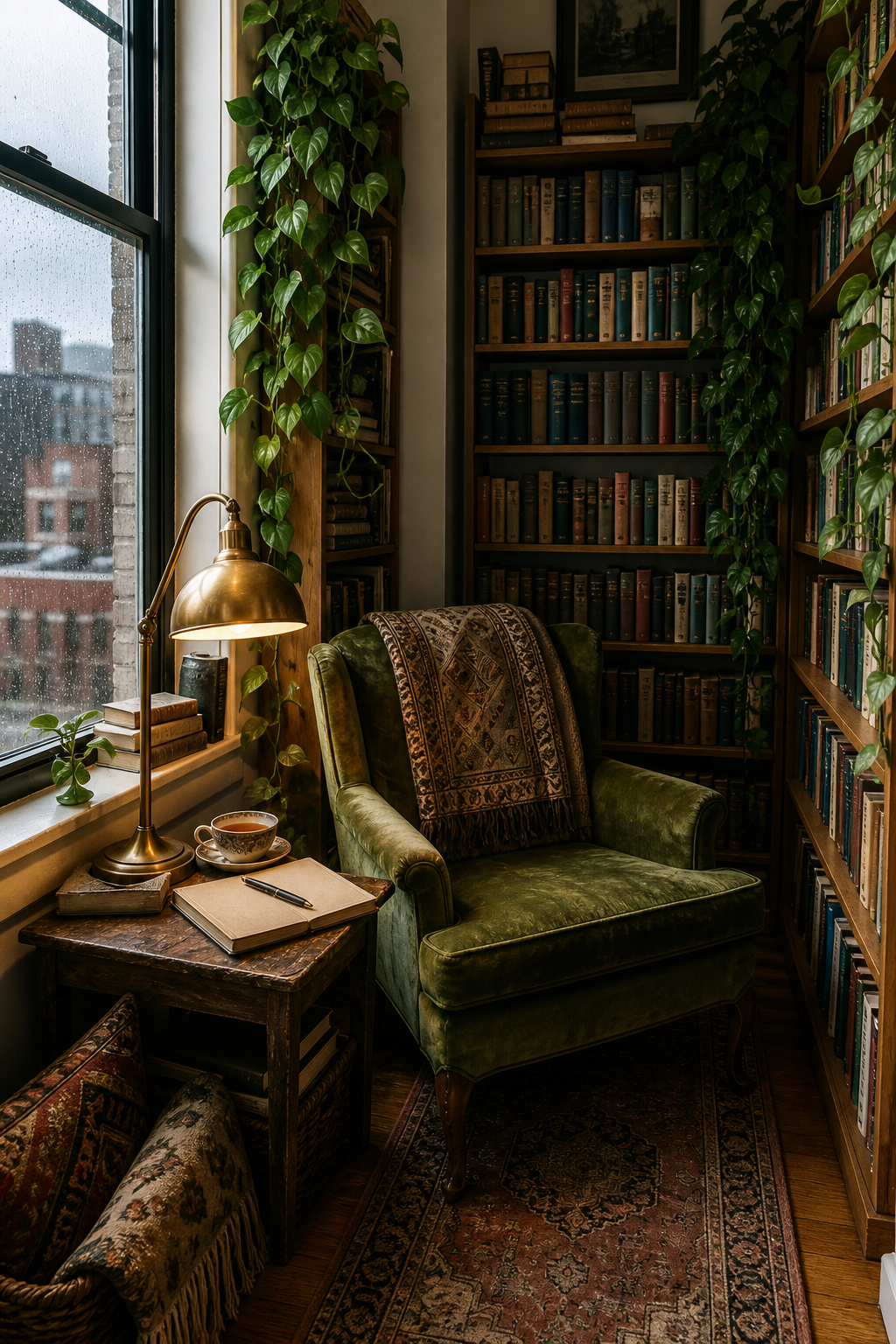 Rainy book-lined reading corner with an olive chair, tea, brass lamp, and a closed cream notebook