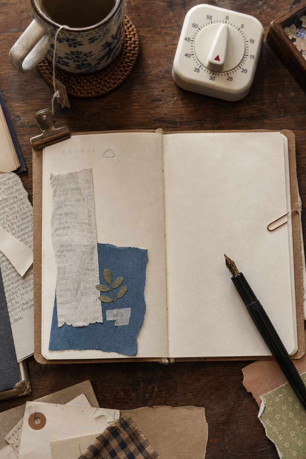 Five-minute journaling process with a cream notebook, receipt scrap, muted blue paper, pressed leaf, timer, tea, and fountain pen