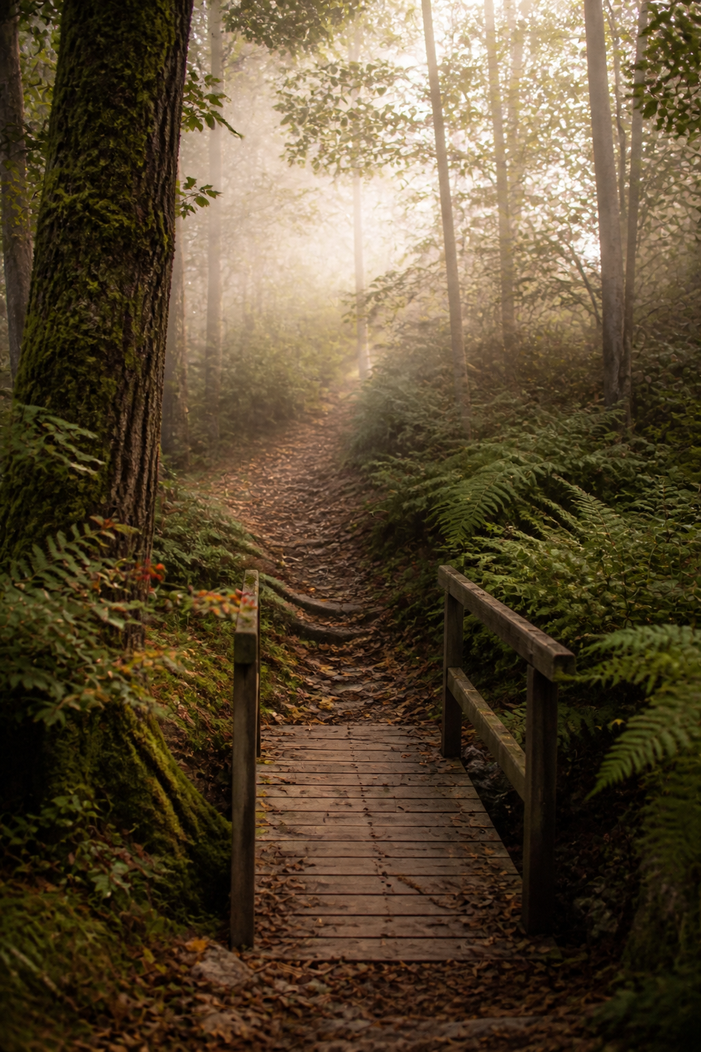 Quiet woodland path and field-notes atmosphere in soft morning light
