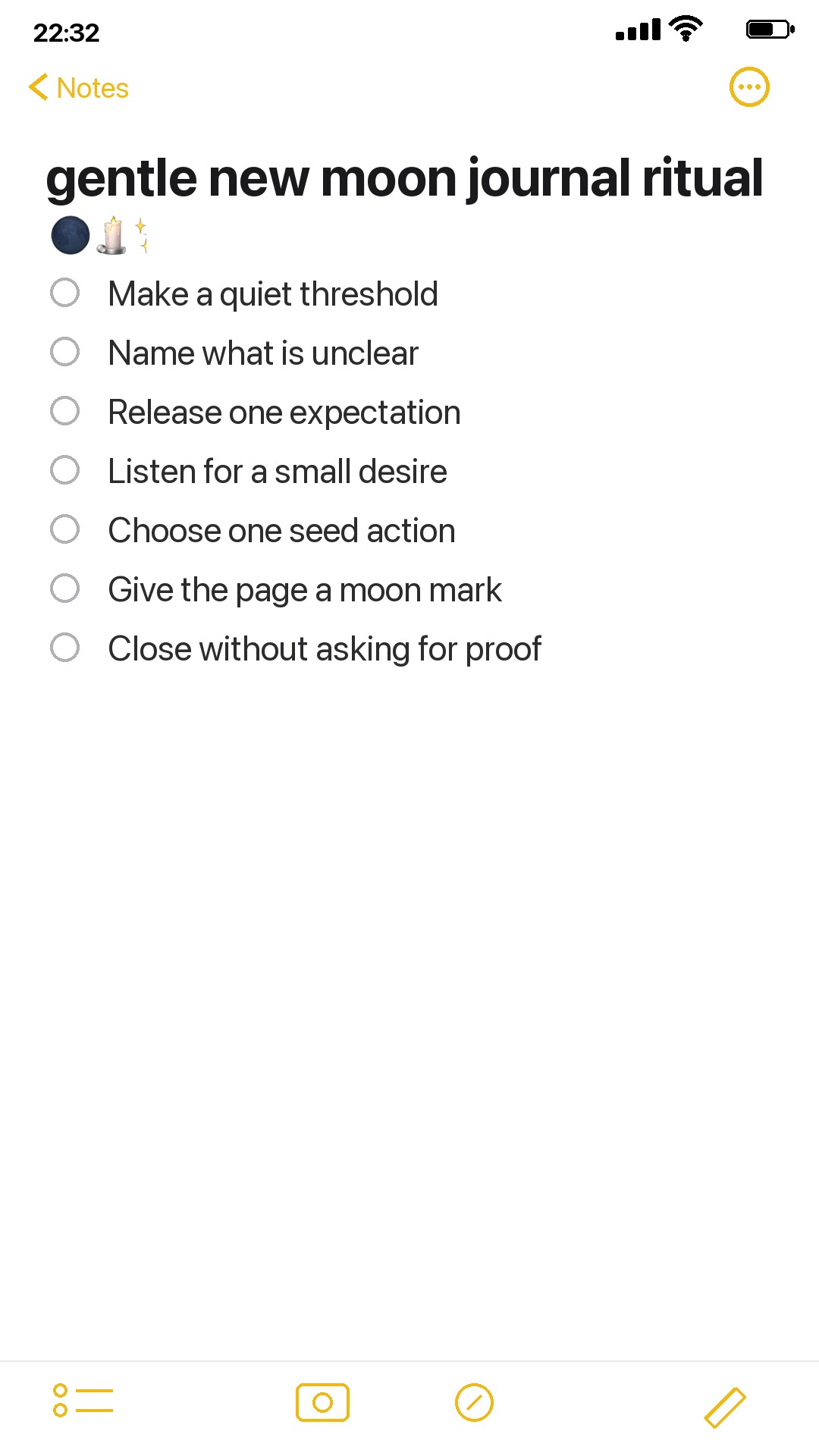 iPhone Notes checklist for a gentle new-moon journal ritual