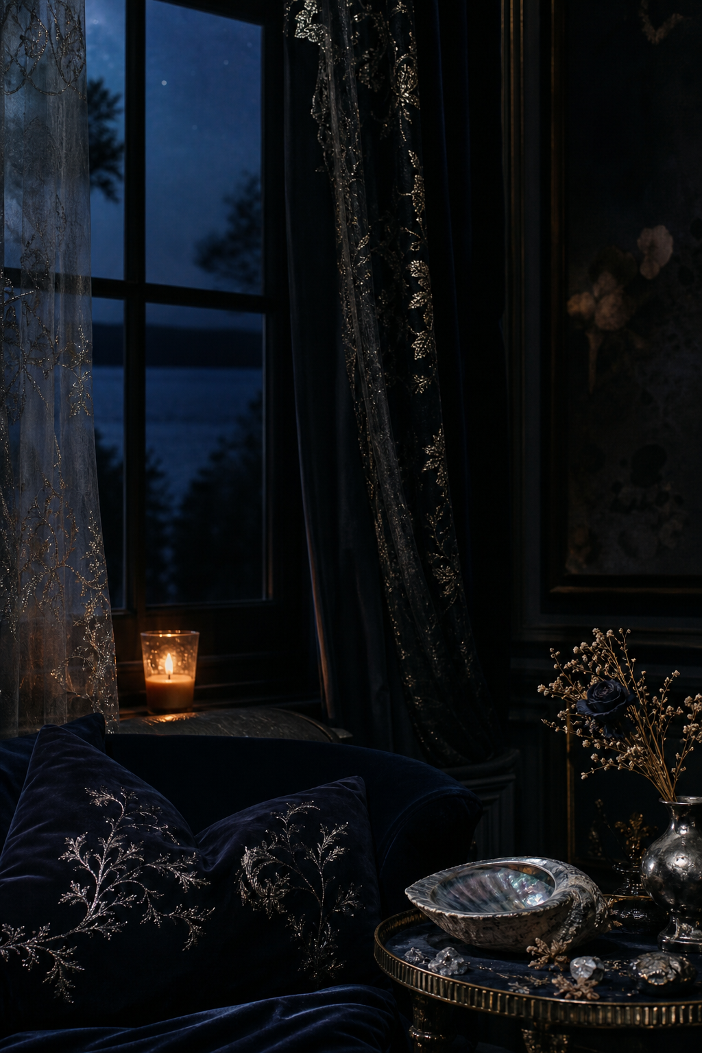 Dark blue new-moon room with candlelight, silver details, and a quiet window