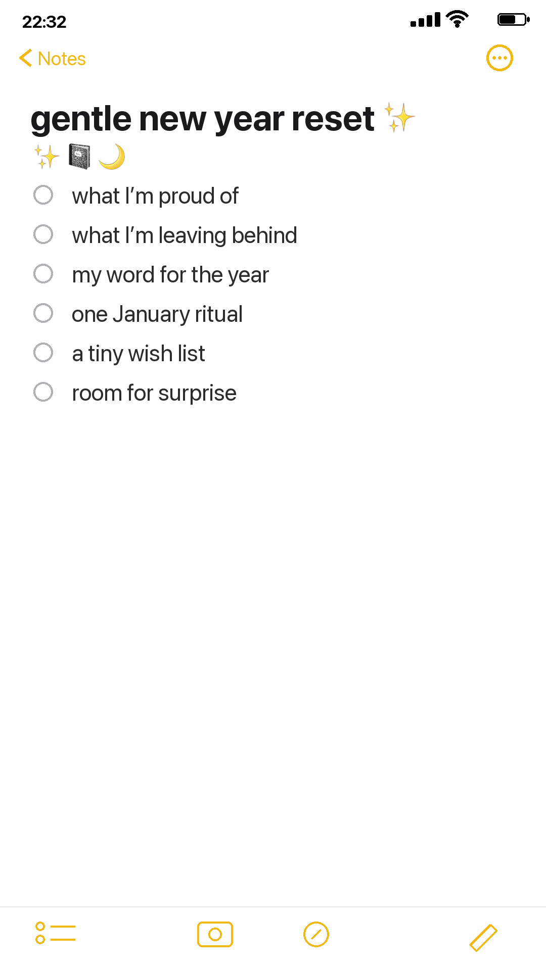 iPhone Notes-style New Year journal reset prompts with emojis