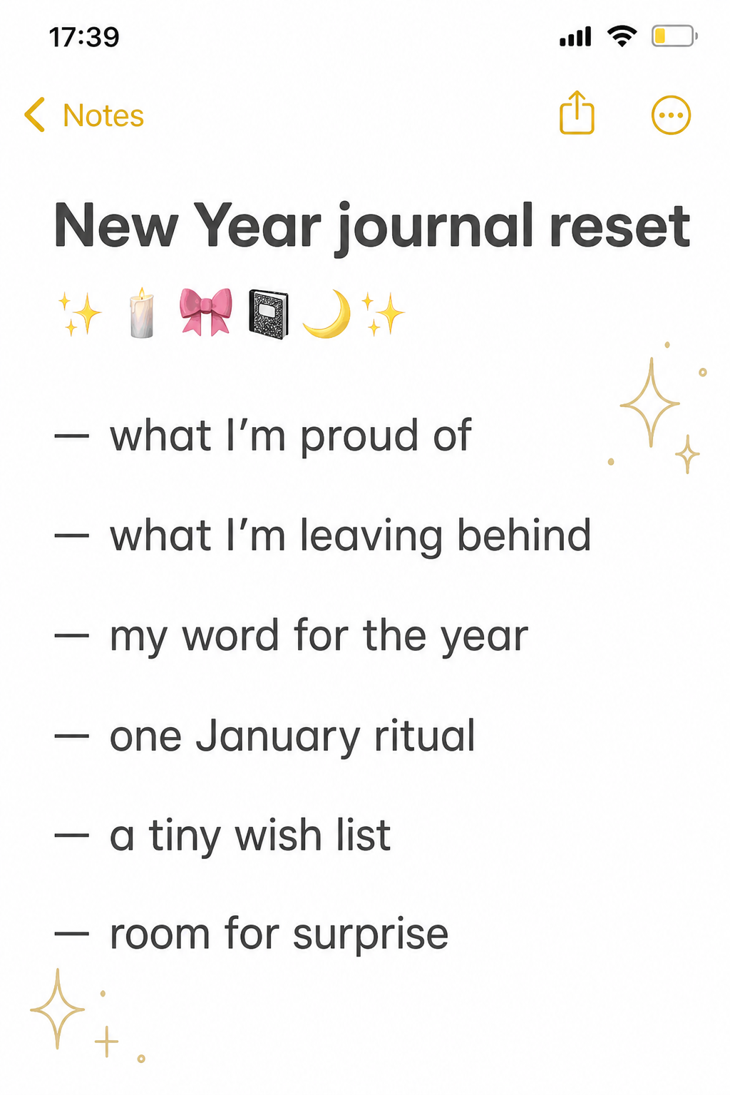 iPhone Notes-style New Year journal reset prompts with emojis