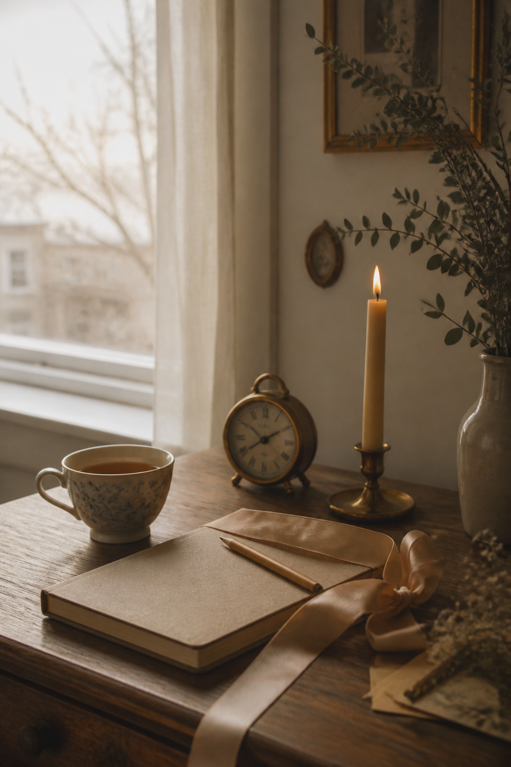 Quiet winter dawn writing table with candle ribbon and tea