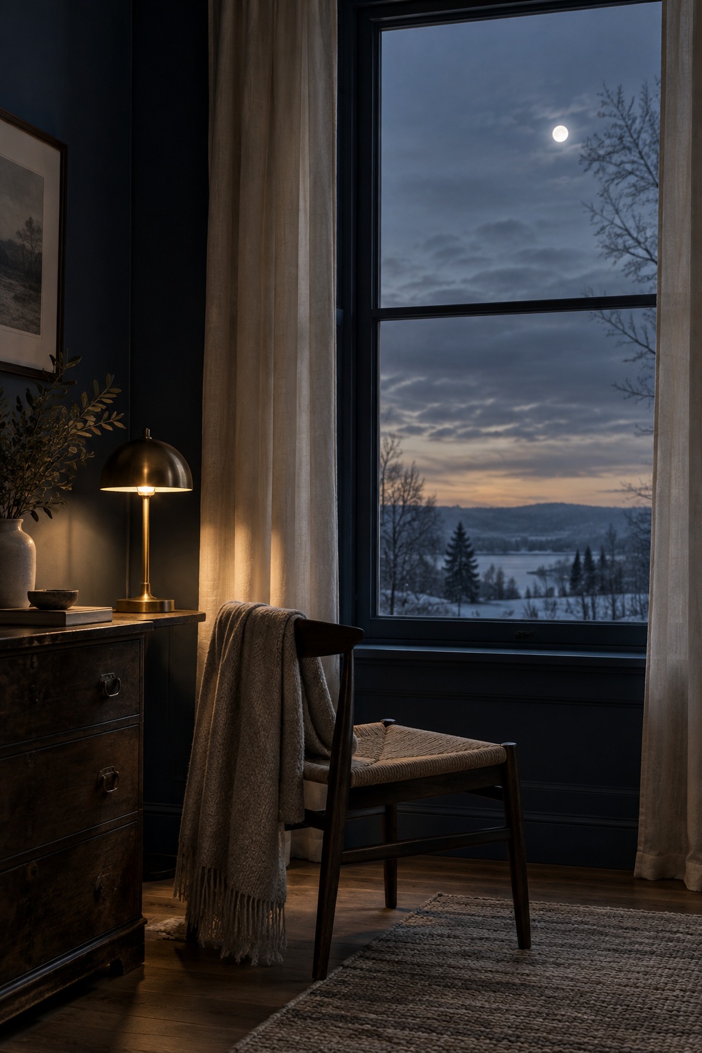 Quiet New Year room with midnight blue walls, parchment curtains, a gold lamp, and winter moonlight.