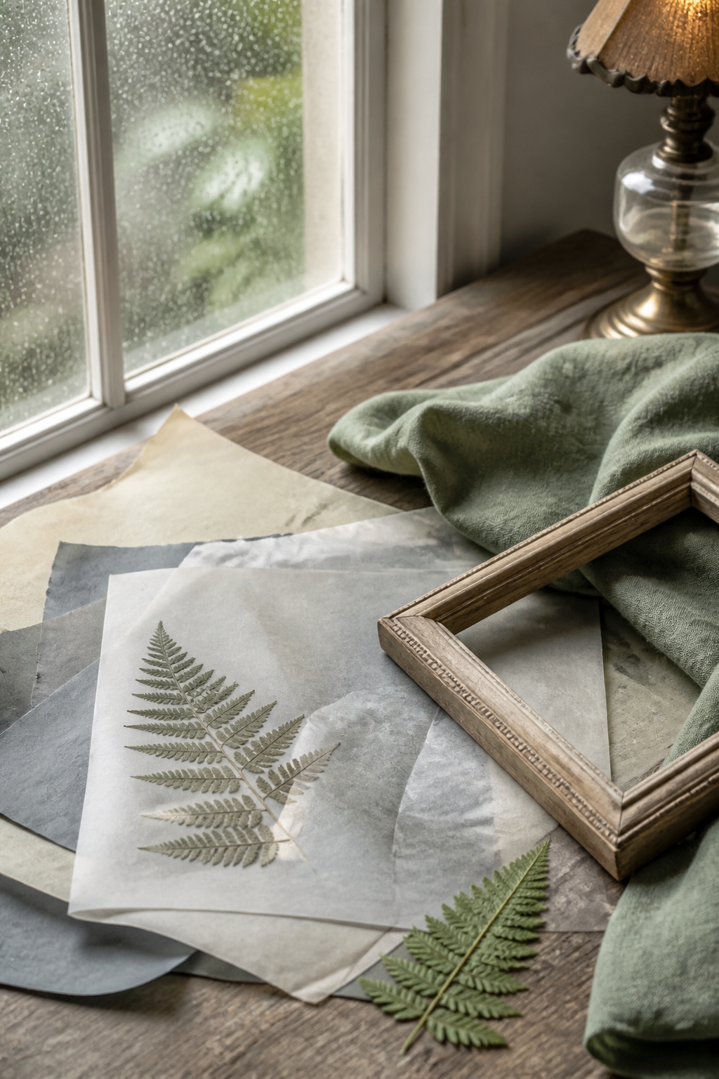 Rainy studio table with vellum, pressed ferns, sage linen, and an empty wooden frame