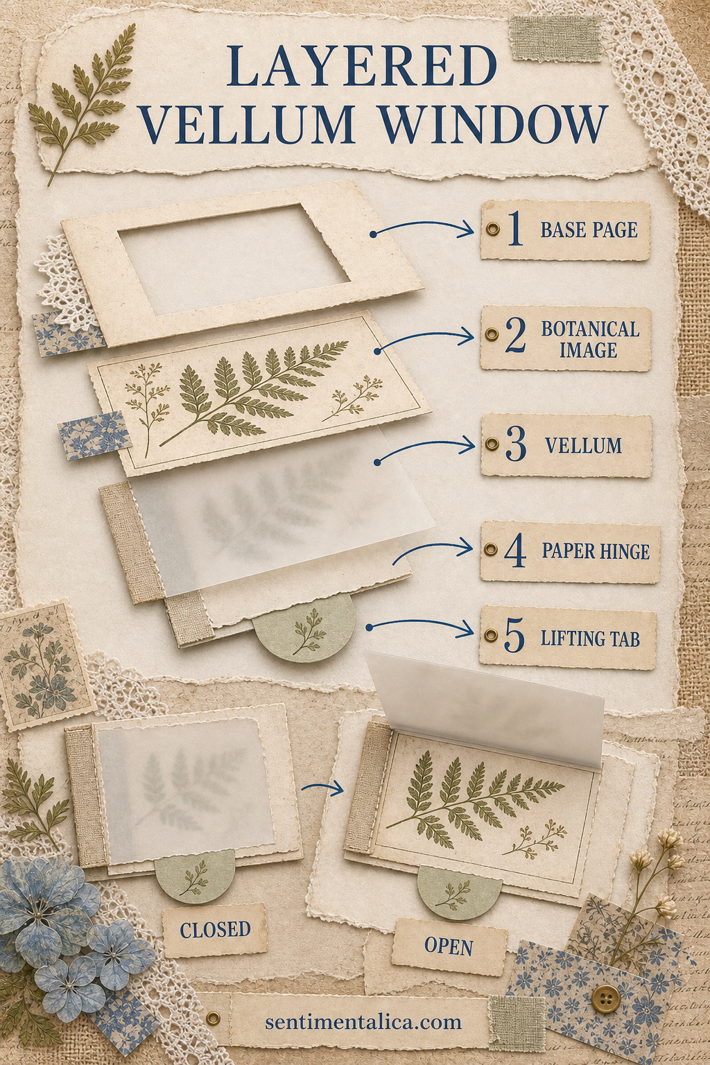 Exploded-layer infographic showing the base page, botanical image, vellum, paper hinge, and lifting tab
