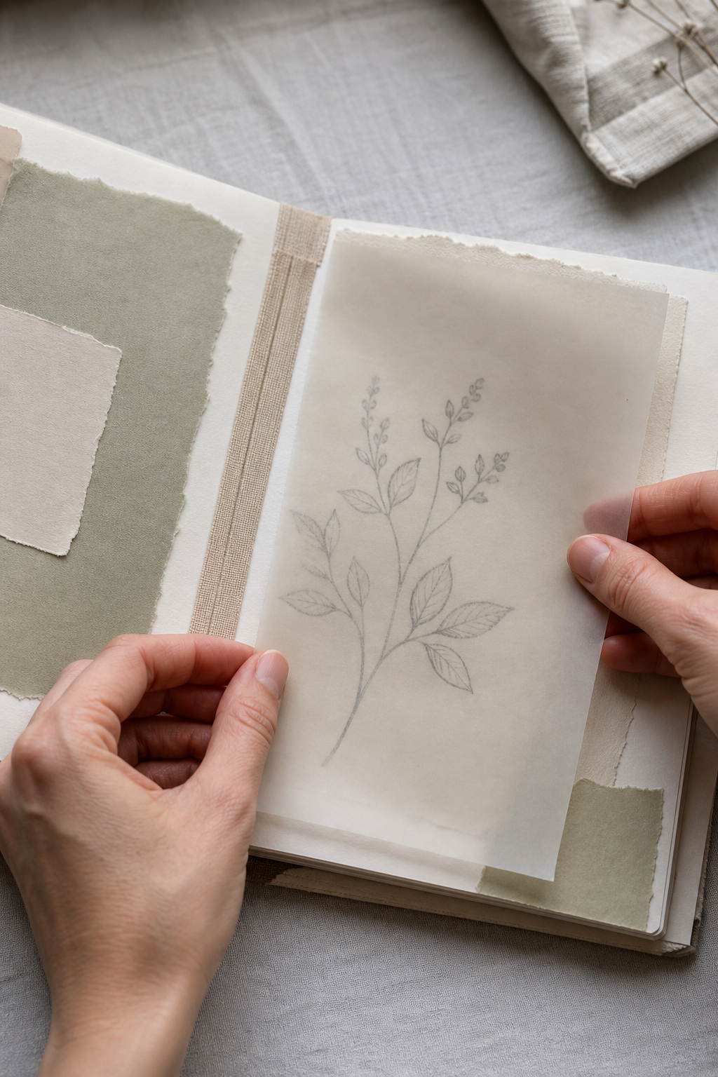 Hands positioning a translucent botanical vellum layer over a soft sage journal page