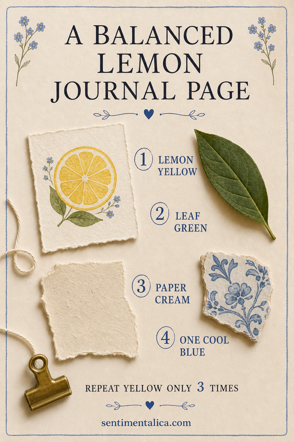 Branded infographic showing a balanced lemon journal palette and three-repeat rule