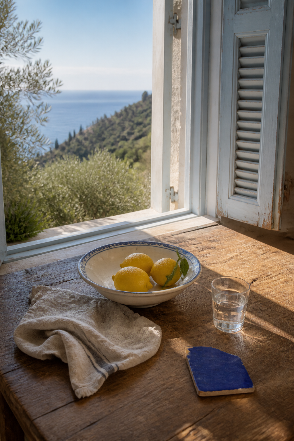 Mediterranean summer table with three lemons, cream linen, blue tile, and a sea view