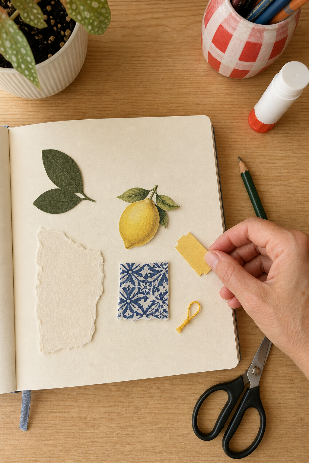 Hand arranging three yellow accents with green, cream, and blue scraps on a summer journal page